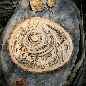 Magic Mushroom Moon Woodburn Art | Cottagecore Basswood Decor