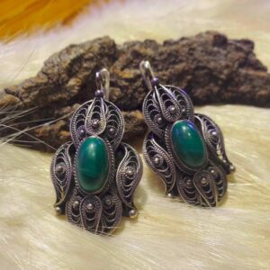 Vintage Filigree Malachite Earrings, Silver Tone Dangles, Boho Jewelry